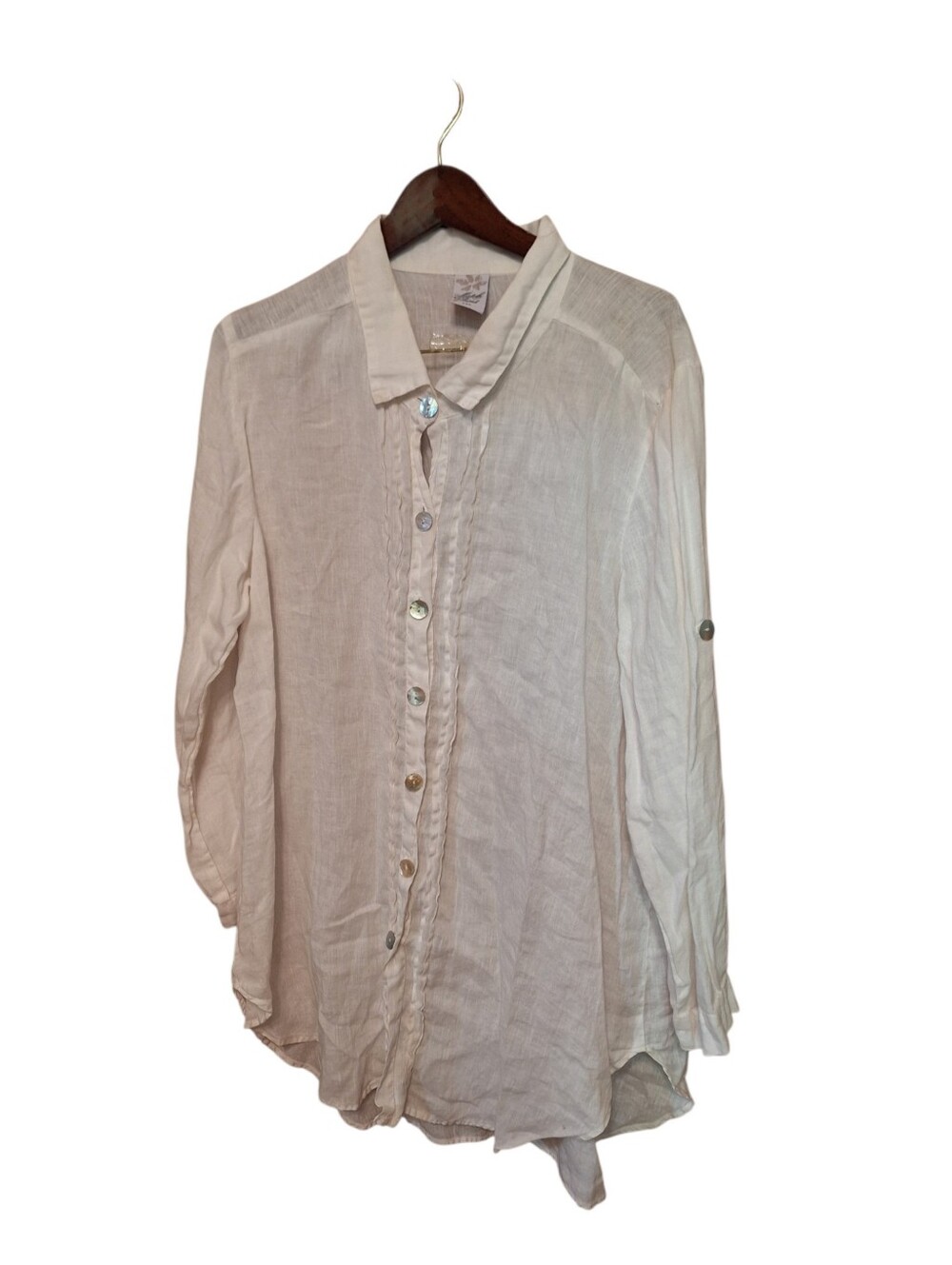 Match Point White Button Up Blouse 100% Linen Long Sleeves Large BEACH Coastal